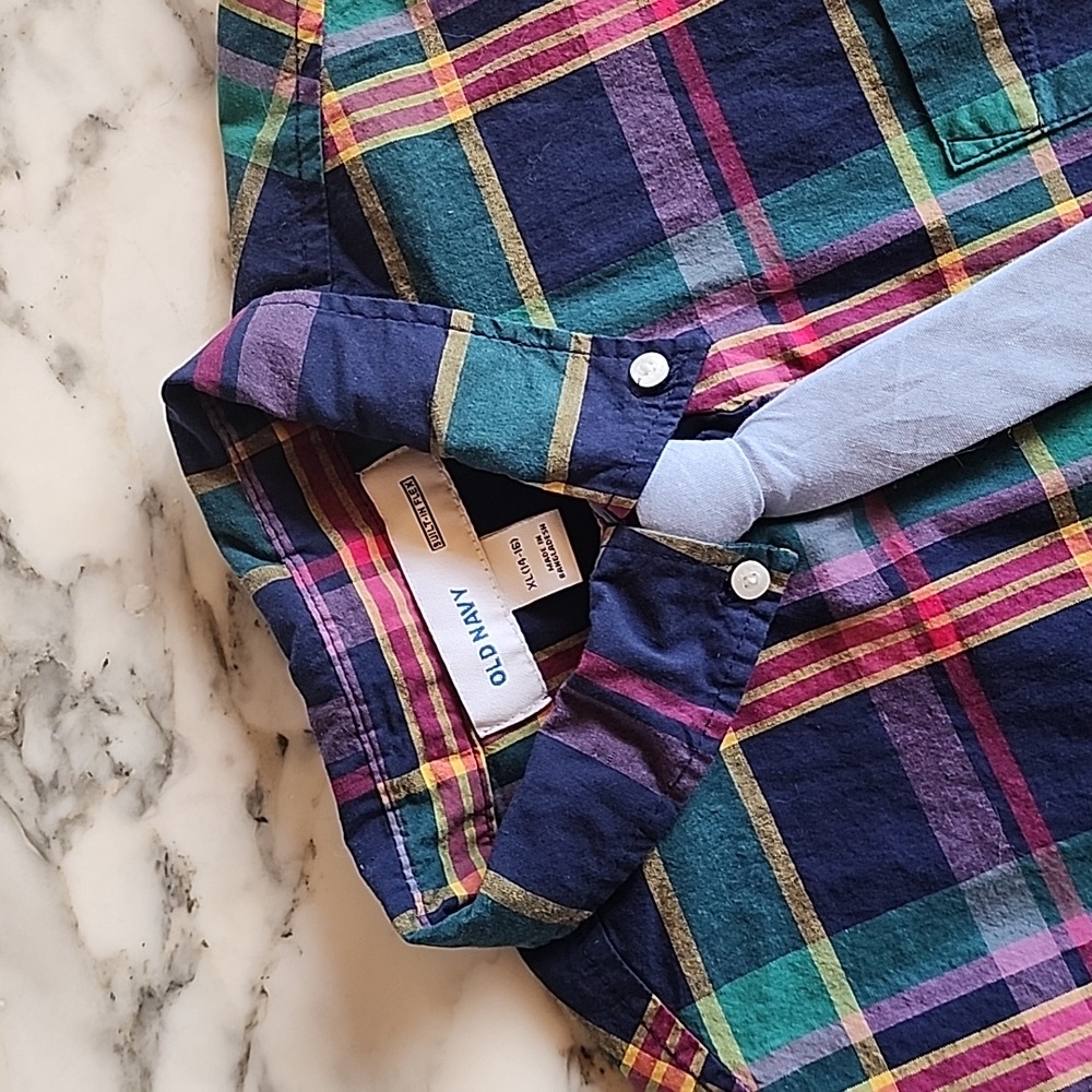 Old Navy Plaid Button Down Shirt with Light Blue Tie, Boys XL 14-16 - Picture 4 of 11